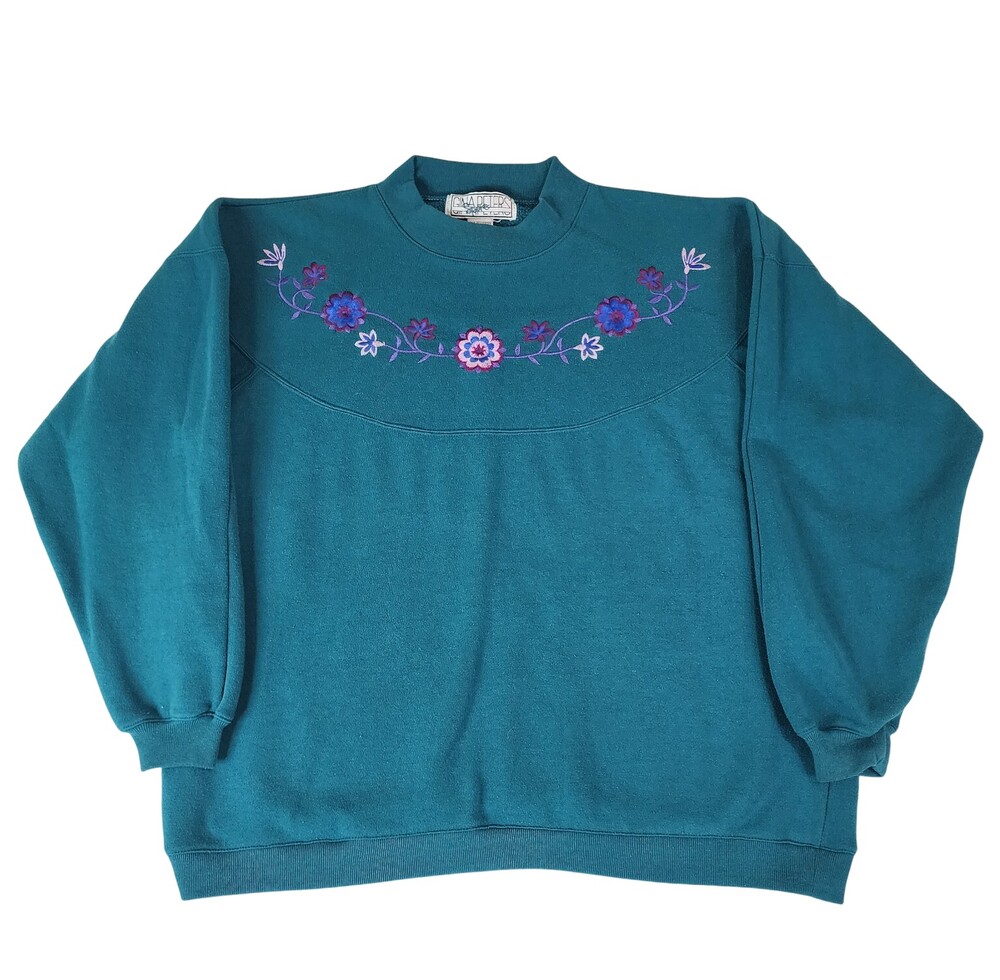 Gina Peters Sport Womens Mock Neck Sweater Large Green Floral Embroidered #1948